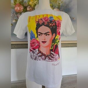 Frida Kahlo Graphic Tee - White with Bright Floral Print